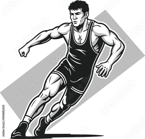 Powerful black and white vector illustration of a wrestler leaning forward in dynamic motion, with strong shading and bold lines creating an intense athletic look. Perfect for sports posters, gym