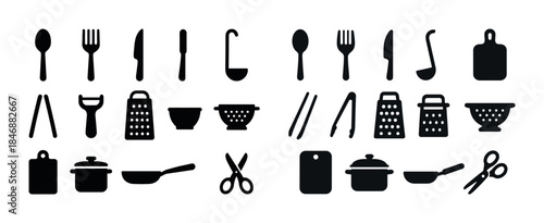 Silhouette collection of essential kitchen utensils