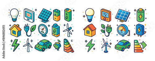 Renewable energy icons: solar, wind, electric vehicles, efficien