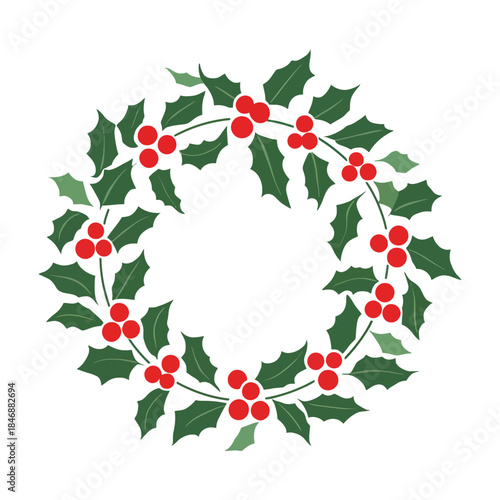 Traditional Holly Christmas Wreath with Red Berries