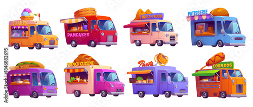 Cartoon food truck cars. Vector vintage festival street foodtrucks and vendor vans of vietnamese, french and indian cuisine. Ice cream, corn dog and pasta, pancakes and patisserie food trucks set