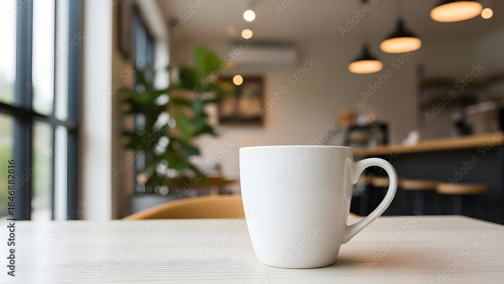 Fototapeta premium A white coffee mug on a table in a cafe