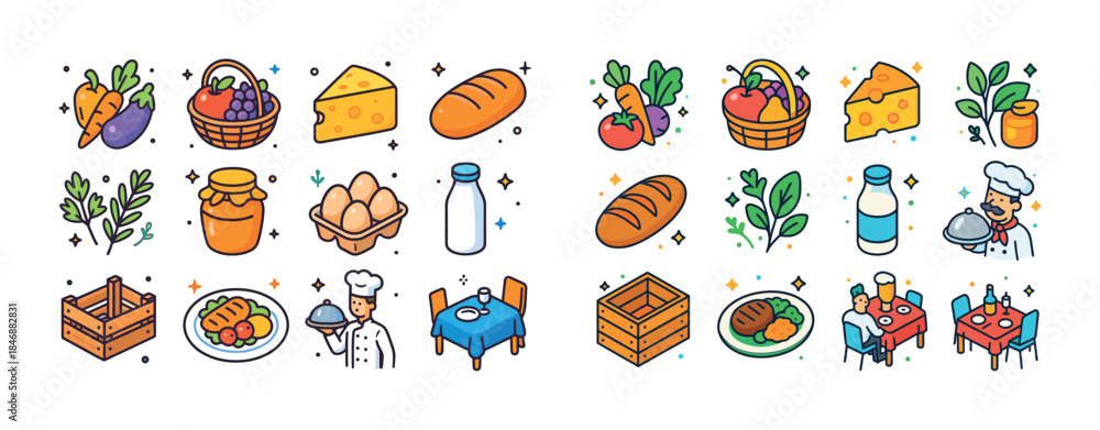 Fototapeta premium Colorful food and culinary icons with male chef preparing meal