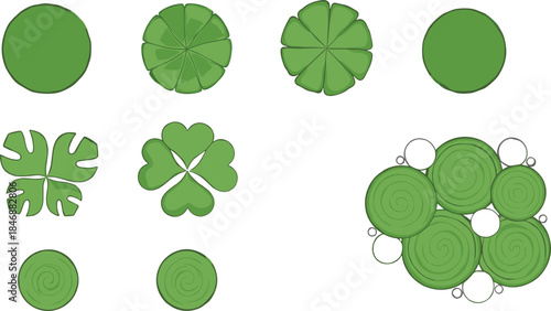 Twelve stylized green circular foliage icons with varied internal patterns for botanical mapping, landscape design, and vector illustration use.