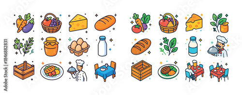 Colorful food and culinary icons with male chef preparing meal