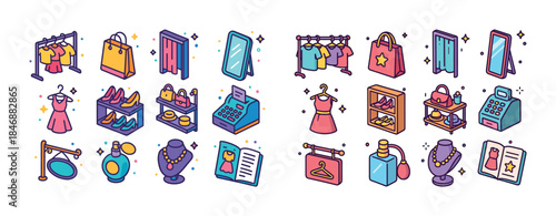 Colorful fashion icons set - clothing, accessories, shopping, an