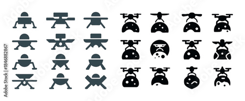 Set of stylized robot icons in various poses and styles