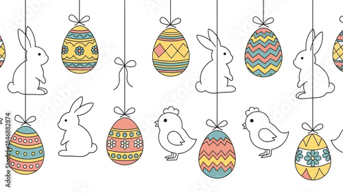 Seamless Easter border with hanging decorated eggs, bunnies, and chicks in a festive cartoon style.