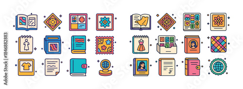 Colorful icons of books, notebooks, and creative elements for pl