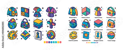 Colorful fashion design icons showcasing diverse clothing and ar
