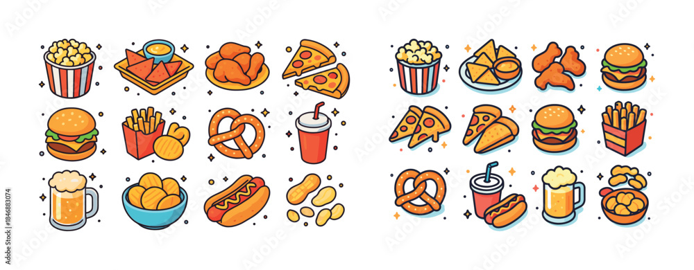 Fototapeta premium Colorful fast food icons: burgers, pizza, snacks, and drinks