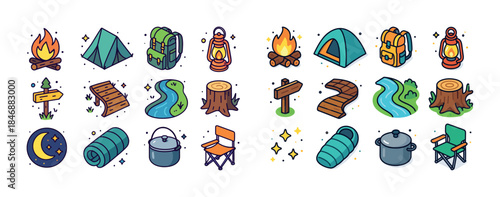 Colorful camping icons: tent, backpack, campfire, lantern, map,