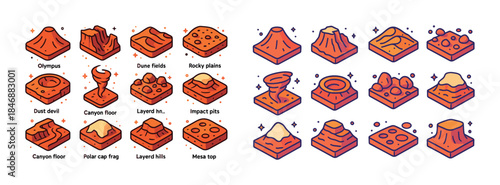 Martian surface isometric icons featuring volcanic, canyon, and
