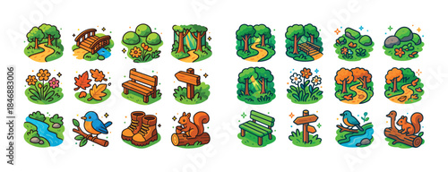 Colorful cartoon park elements: trees, animals, paths, benches,