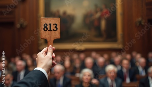 Hand holds auction paddle with number 813 for bidding at sale. Crowd watches art event in room. Auctioneer works, people offer bids in sale.