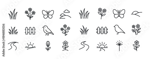 Nature icons set: flowers, butterflies, birds, and sunsets in mi