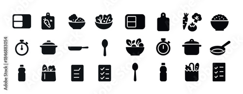 Set of cooking and kitchen icons featuring food, utensils, and a