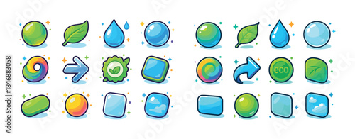Colorful eco and technology icons with leaves and symbols
