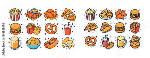 Colorful fast food icons: burgers, pizza, snacks, and drinks