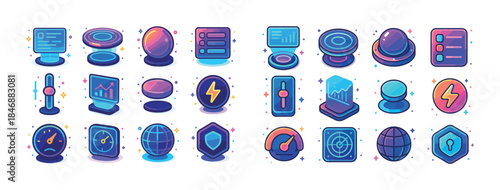 Colorful futuristic technology icons set with data and graph ele