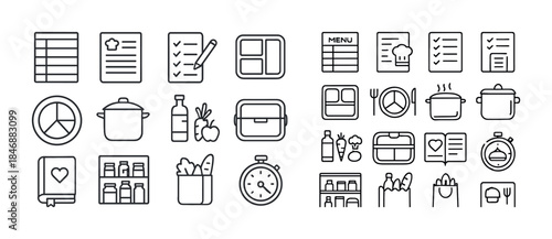 Kitchen and cooking icon set featuring tools, ingredients, and m