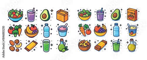 Colorful array of healthy snacks and drinks: fruits, vegetables,