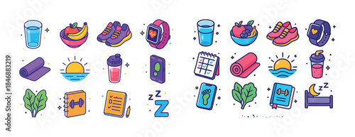 Colorful icons representing health, fitness, and wellness activi