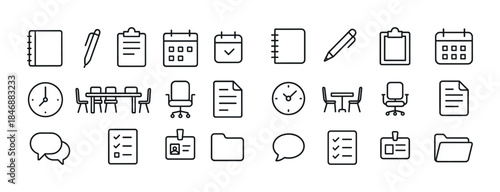 Office icons: calendar, clock, pen, chair, folder, checklist sym