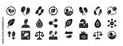 Set of biological and environmental icons: bacteria, leaves, rec
