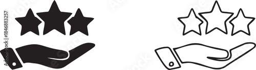 Black Hand Holding Three Stars Rating Icon Set. Solid and Outline Vector Symbols for Customer Review.