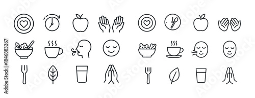 Minimalist health and wellness icons: heart, food, meditation, e