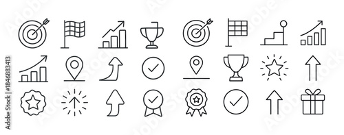 Minimalist achievement and success icons: trophies, graphs, arro