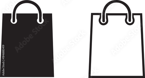 Set of two minimalist shopping bag vector icons, black solid and outline