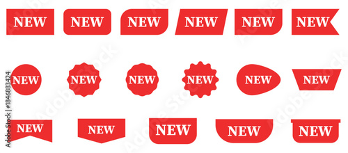 A comprehensive set of red NEW labels and tags in diverse modern shapes perfect for website banners product announcements and promotional marketing graphics design elements