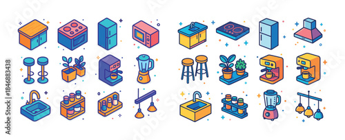 Colorful isometric kitchen appliances and furniture collection