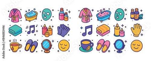 Spa and relaxation themed icons: towels, candles, masks, cups, m