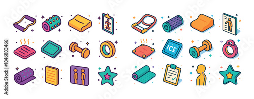 Colorful fitness and health icons set featuring equipment and sy
