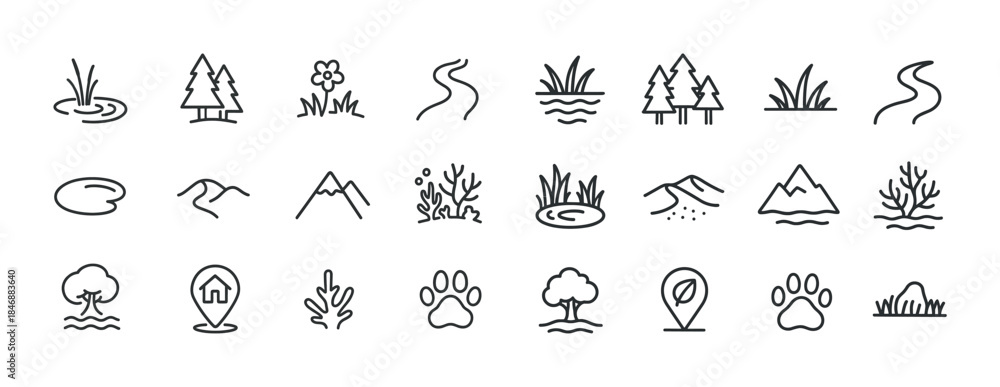 Fototapeta premium Nature icons set: trees, flowers, mountains, rivers, and paws in