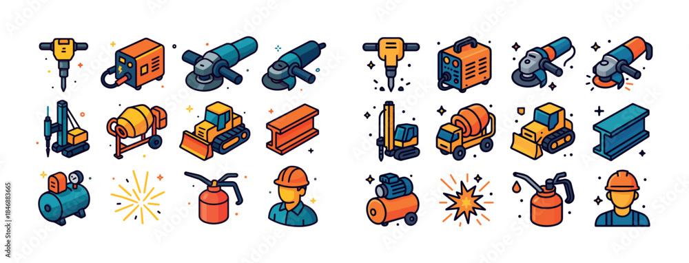 Obraz premium Collection of construction tools with cartoon icons and equipmen