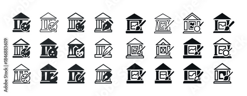 Art museum icons collection: paint palette, pencil, frame variat