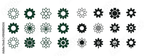 Variety of stylized sunflower icons set in black and white
