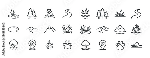 Nature icons set: trees, flowers, mountains, rivers, and paws in