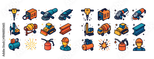 Collection of construction tools with cartoon icons and equipmen