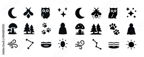 Nature and celestial symbols collection: moon, owl, stars, trees