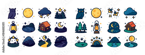 Whimsical nighttime forest icons featuring owl, moon, cabin, sta