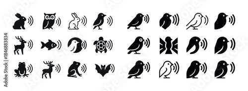 Animal icons with sound waves: birds, mammals, reptiles, insects