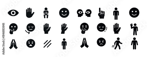 Set of black icons: hand gestures, facial expressions, and human