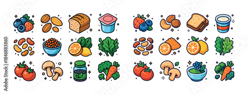 Colorful healthy food icons: nuts, berries, vegetables, grains,