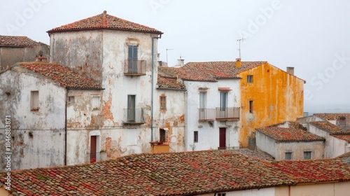 Fototapeta Naklejka Na Ścianę i Meble -  Old buildings with tile roofs in a village shrouded in fog