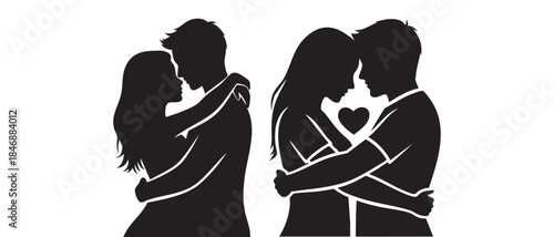 Couple embracing in lovers silhouette and Valentine’s Day vector illustration